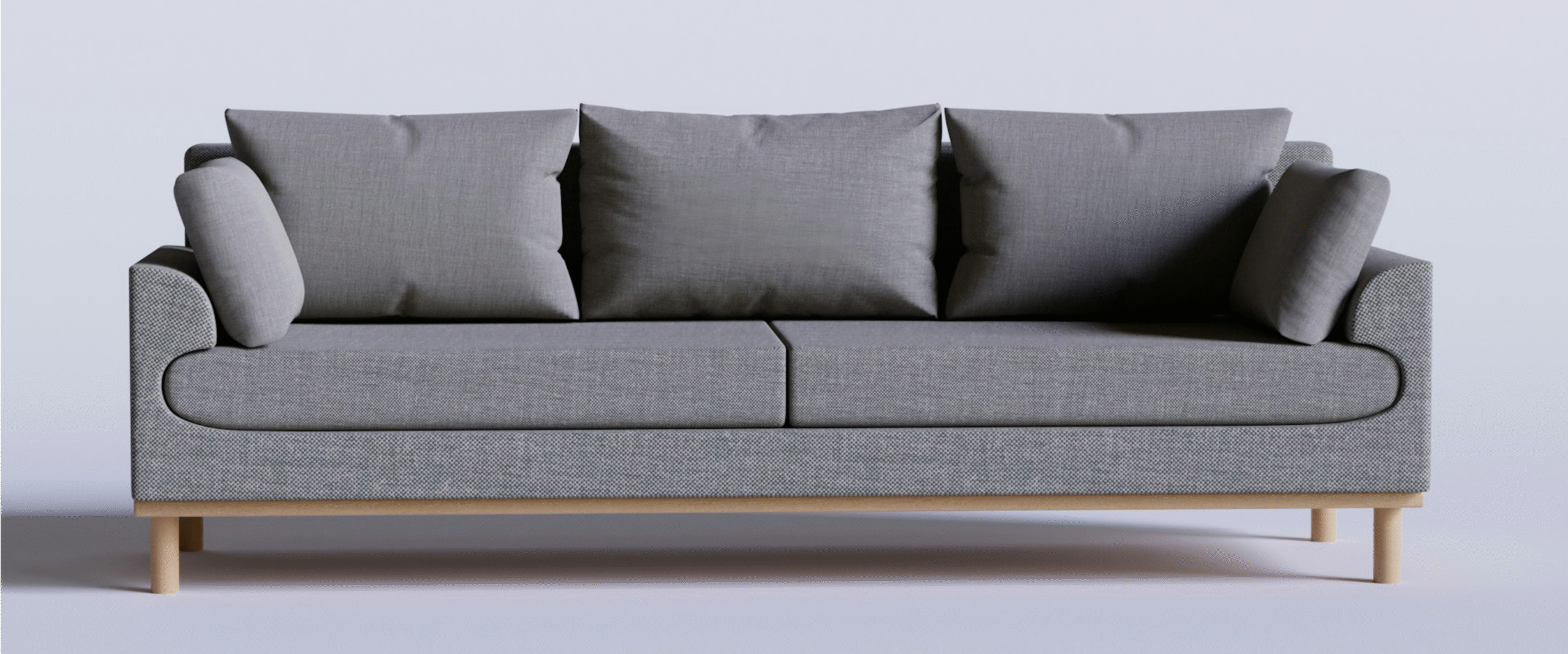 Divano moderno minimal grigio con schienale imbottito e rifiniture in legno chiaro